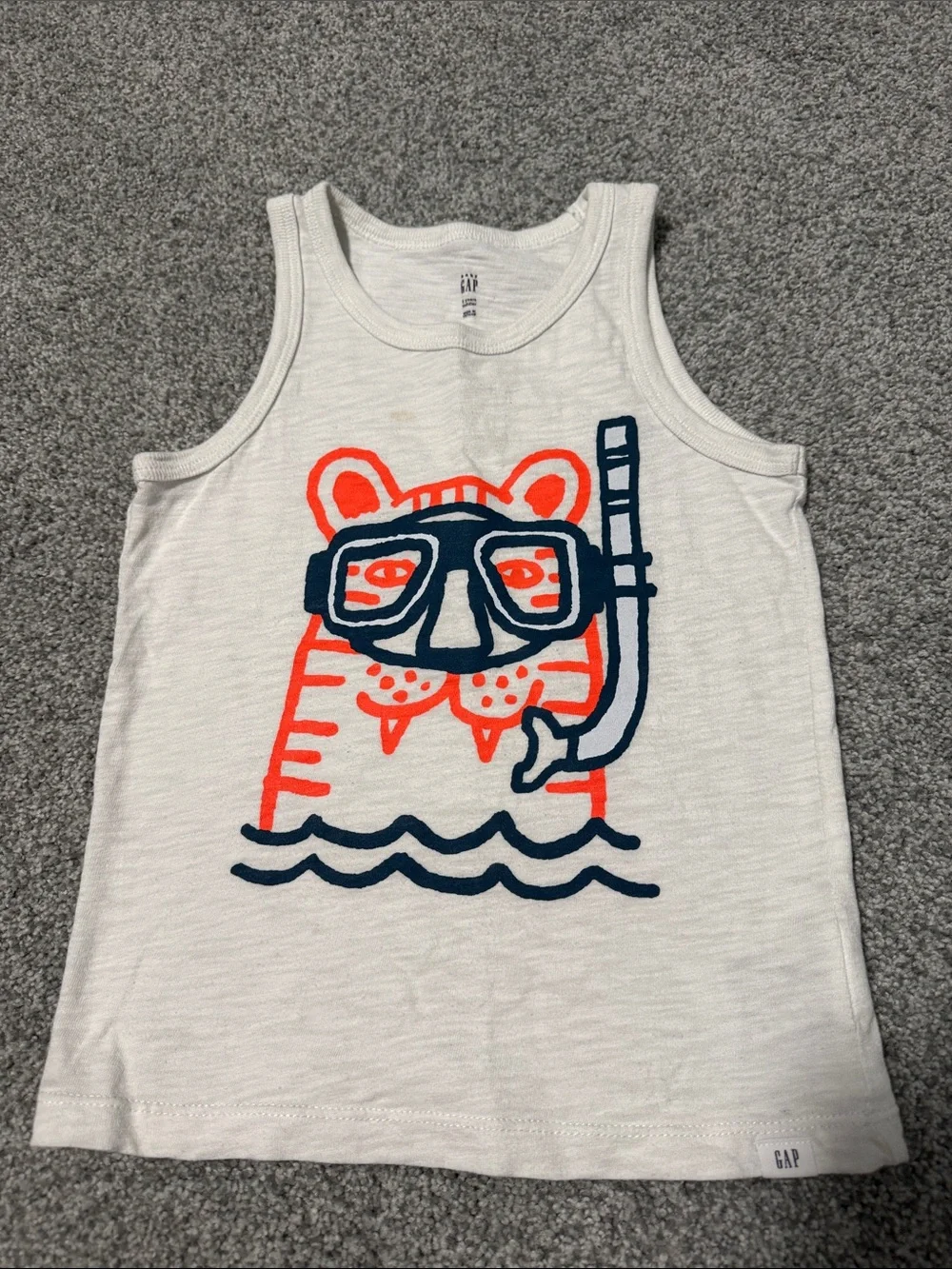 GAP White Tank Top with Orange & Navy Tiger Snorkel Graphic